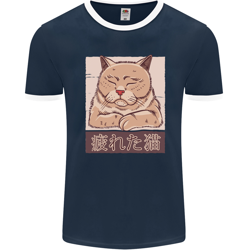 A Tired Cat Mens Ringer T-Shirt FotL Navy Blue/White