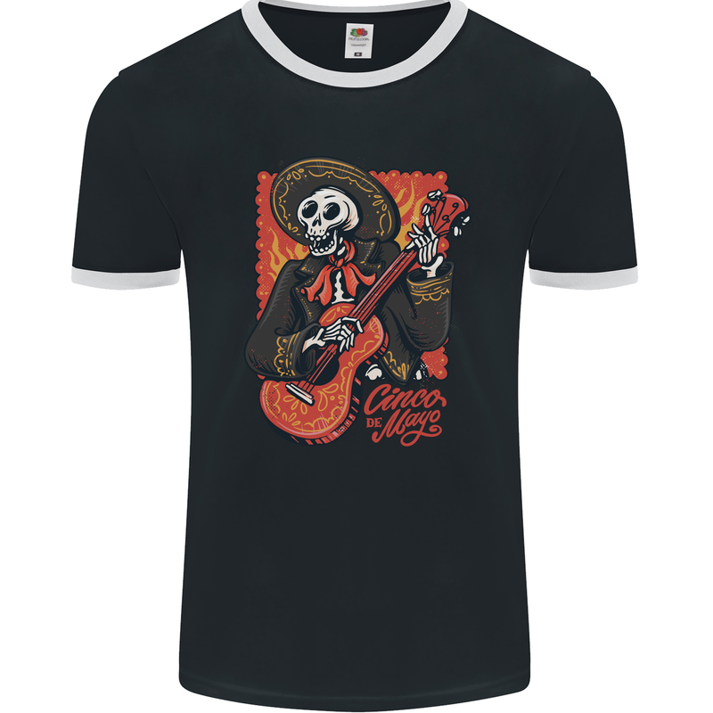 Mariachi Skeleton Cinco De Mayo Skull Mens Ringer T-Shirt FotL Black/White