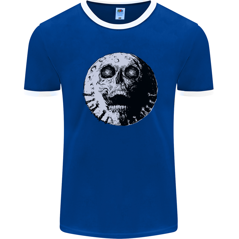 Skull Moon Gothic Halloween Zombie Biker Mens Ringer T-Shirt FotL Royal Blue/White