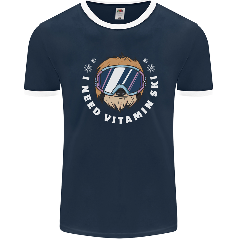 Vitamin Ski Funny Skiing Sloth Winter Sport Mens Ringer T-Shirt FotL Navy Blue/White