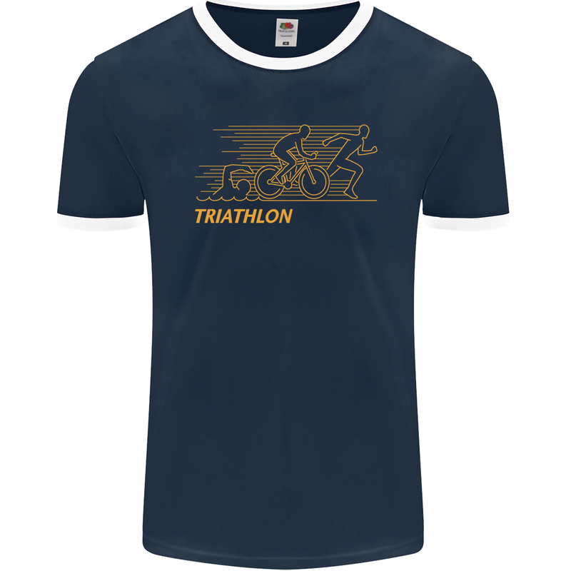 Triathlon Running Swimming Cycling Mens Ringer T-Shirt FotL Navy Blue/White