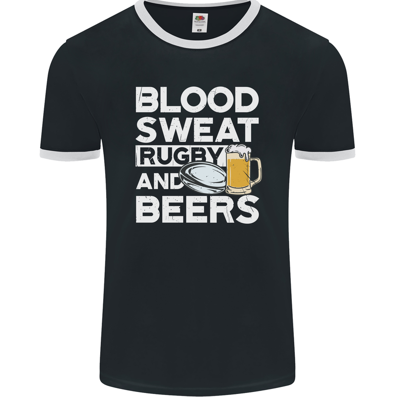 Blood Sweat Rugby and Beers Funny Mens Ringer T-Shirt FotL Black/White