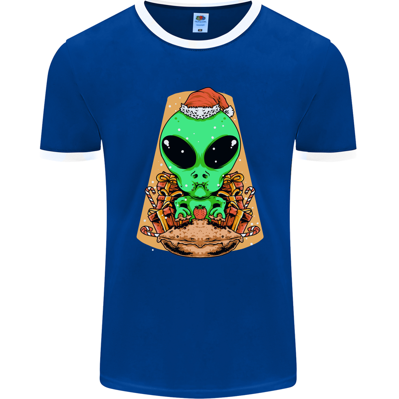 Christmas Alien UFO Santa Space Ship Funny Mens Ringer T-Shirt FotL Royal Blue/White
