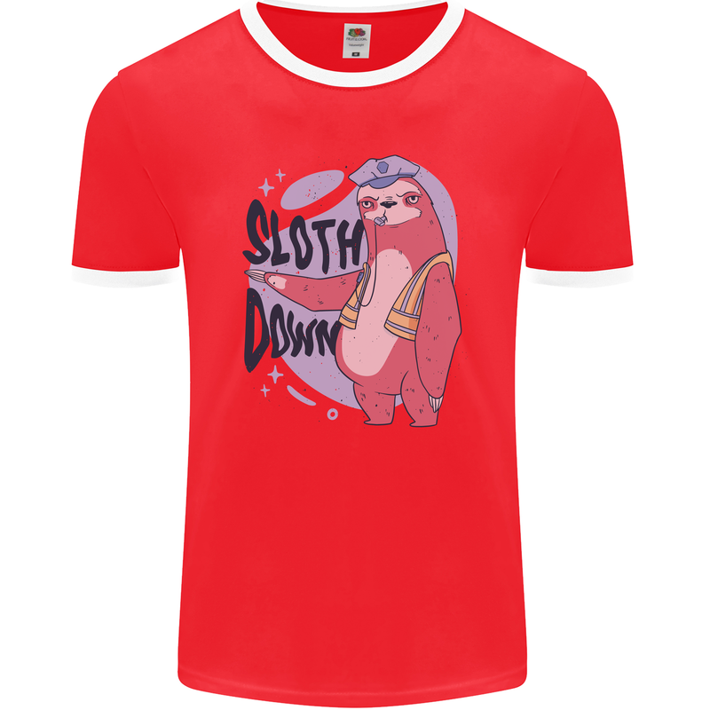 Sloth Down Policeman Funny Mens Ringer T-Shirt FotL Red/White