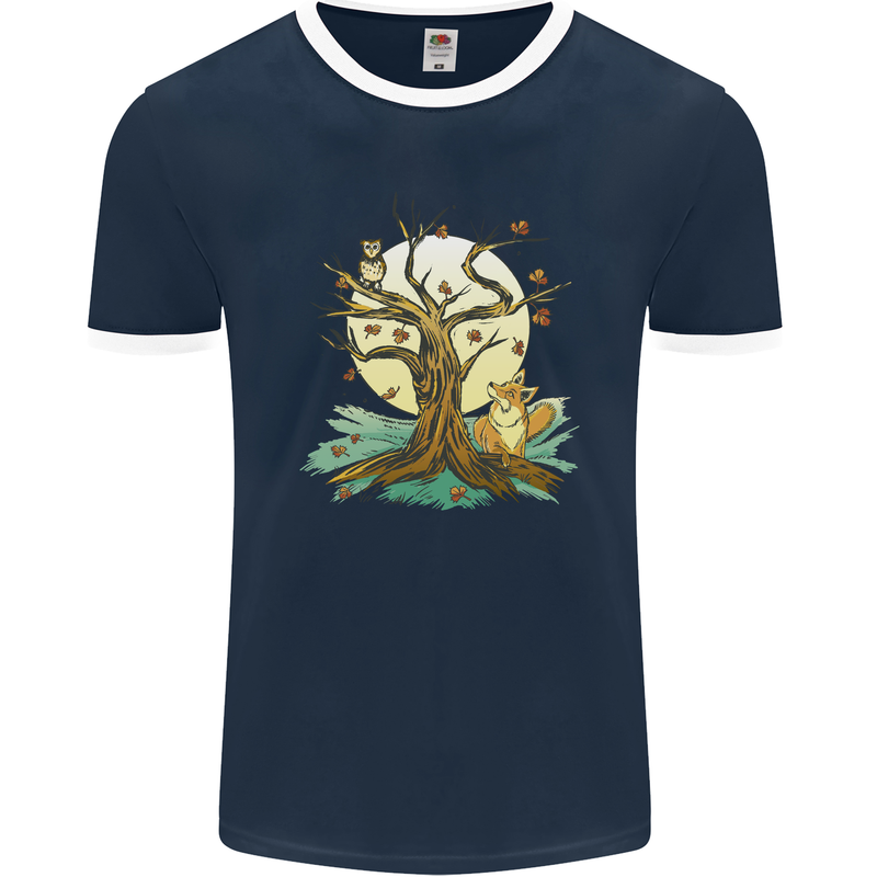 An Owl and Fox Tree Nature Ecology Mens Ringer T-Shirt FotL Navy Blue/White