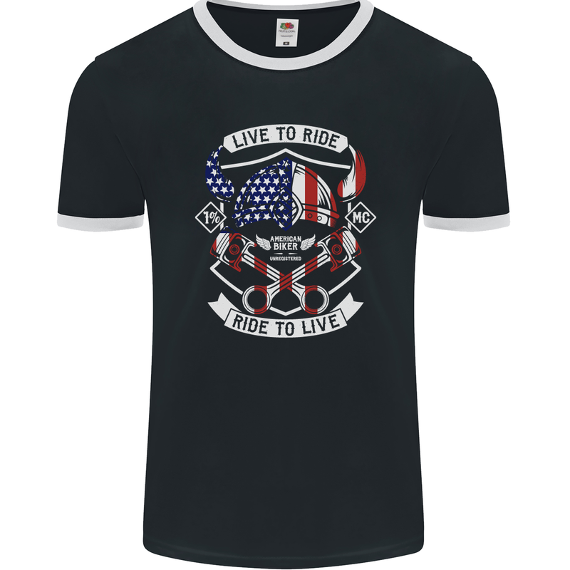 American Biker Motorbike Motorcycle USA Mens Ringer T-Shirt FotL Black/White