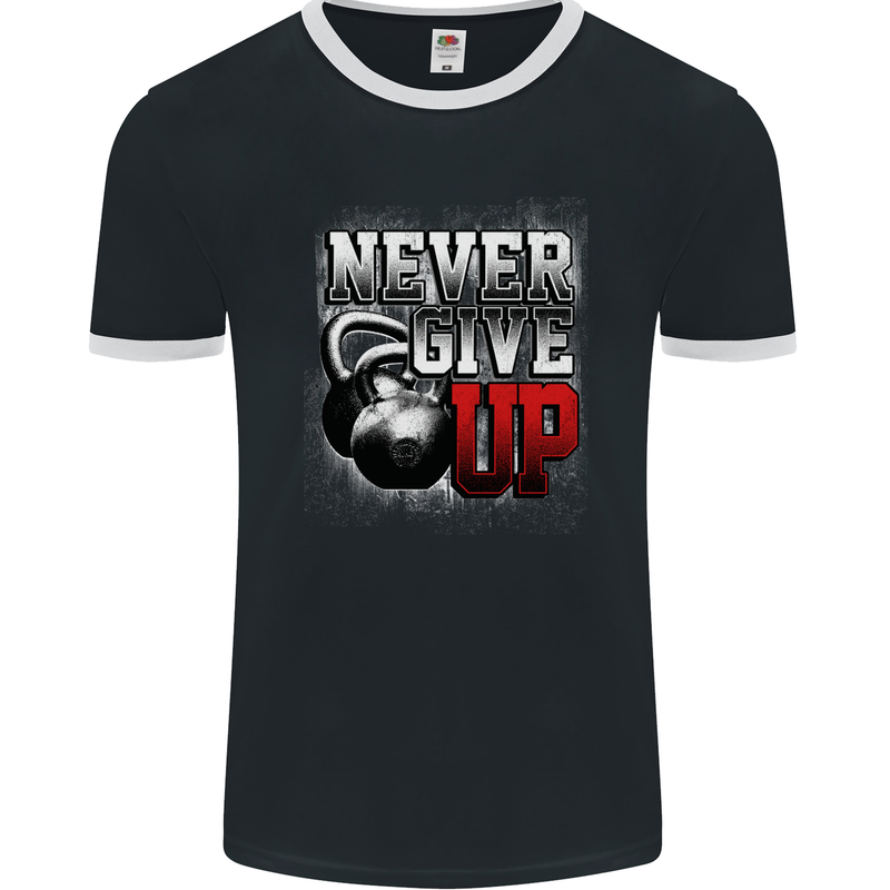 Never Give Up Gym Training Top Bodybuilding Mens Ringer T-Shirt FotL Black/White