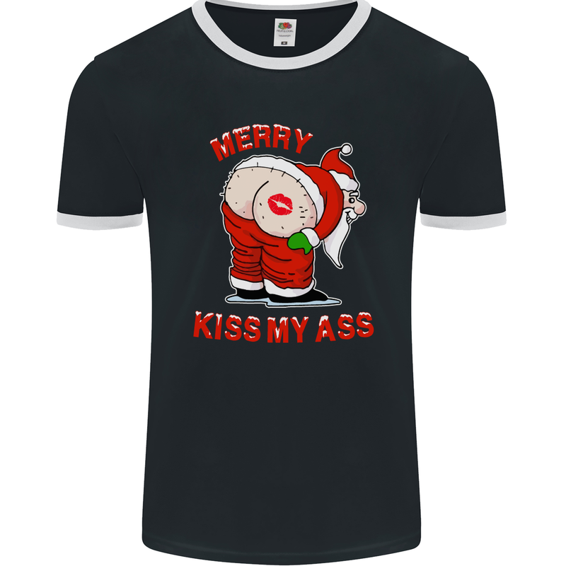 Merry Kiss My Ass Funny Christmas Mens Ringer T-Shirt FotL Black/White