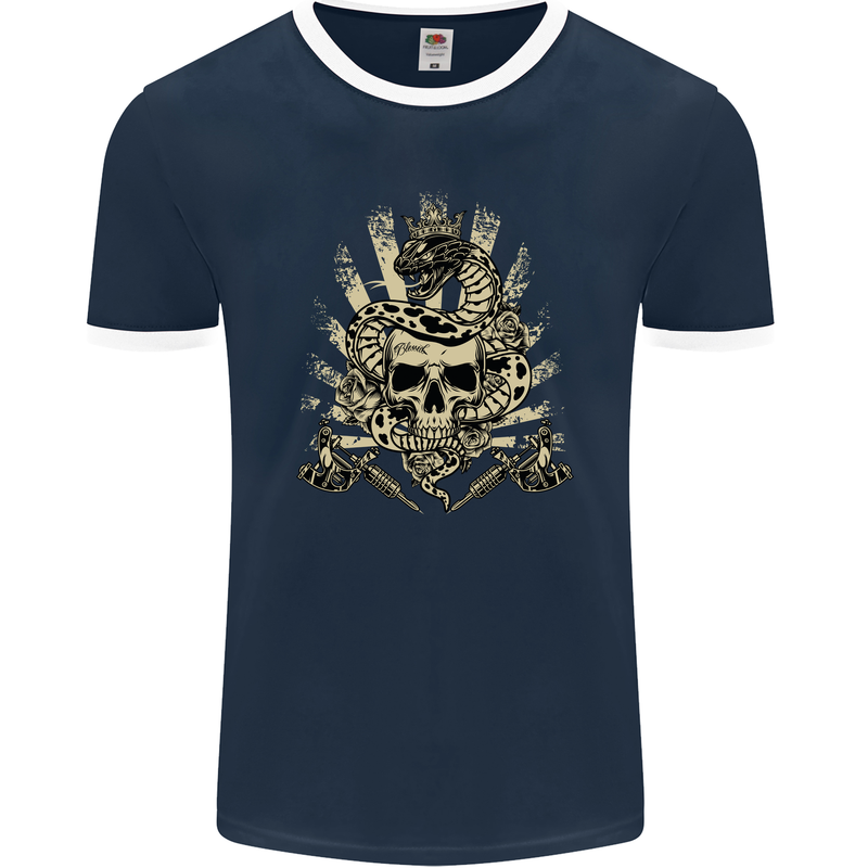 Tattoo Skull Snake Tattooist Biker Gothic Mens Ringer T-Shirt FotL Navy Blue/White