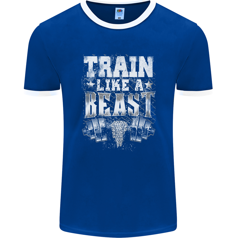 Train Like a Beast Gym Training Top Mens Ringer T-Shirt FotL Royal Blue/White