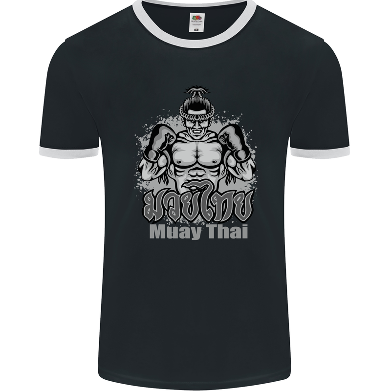 Muay Thai Boxing MMA Martial Arts Kick Mens Ringer T-Shirt FotL Black/White