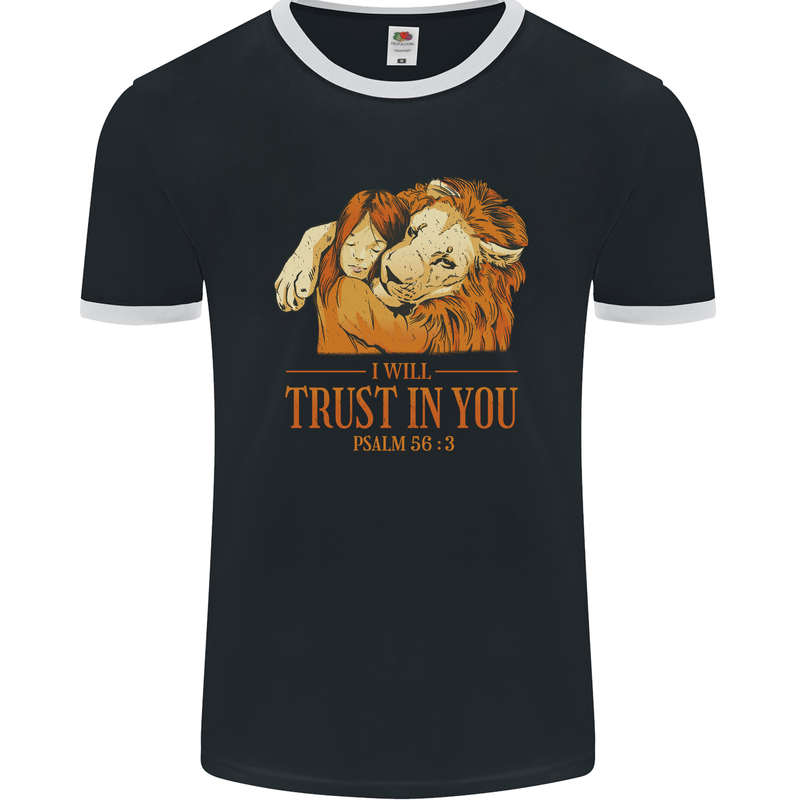 Religion Christianity Bible Trust in Lion Mens Ringer T-Shirt FotL Black/White