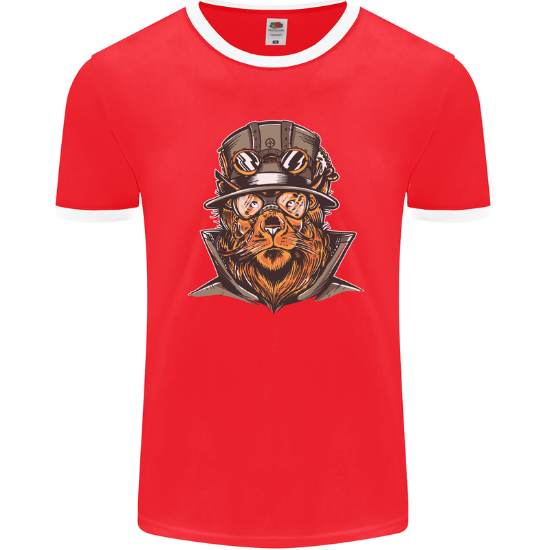 Steampunk Lion Mens Ringer T-Shirt FotL Red/White