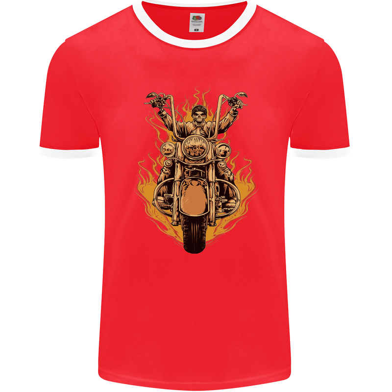 Skeleton Motorcycle Rider Mens Ringer T-Shirt FotL Red/White