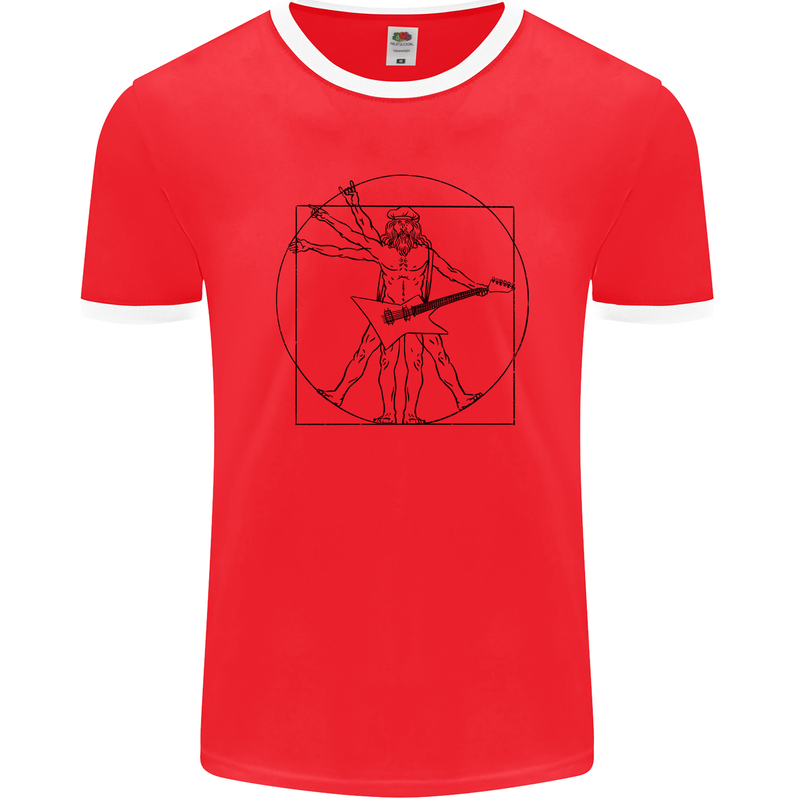 Old Rocker Vitruvian Guitarist Funny Guitar Mens Ringer T-Shirt FotL Red/White