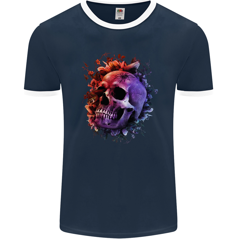 Skull With Spider Flowers and Spider Mens Ringer T-Shirt FotL Navy Blue/White