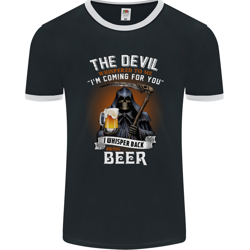 Funny Grim Reaper Devil With Beer Alcohol Mens Ringer T-Shirt FotL Black/White