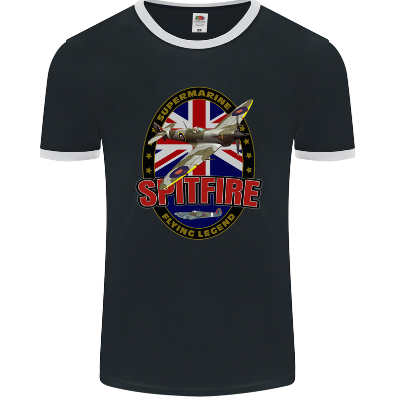 Supermarine Spitfire Flying Legend Mens Ringer T-Shirt FotL Black/White