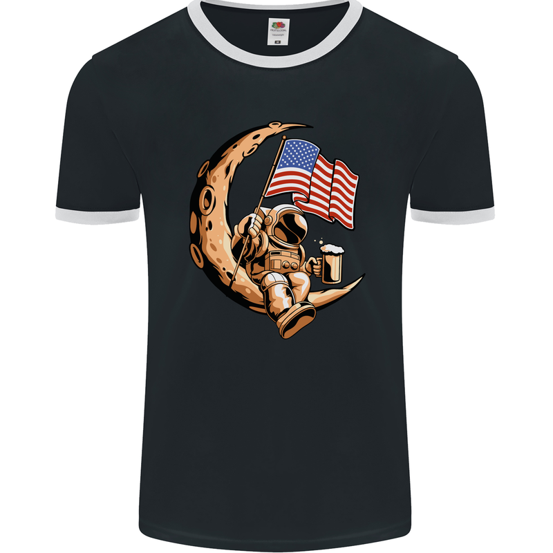 Beer Moon USA Flag Astronaut Space Alcohol Mens Ringer T-Shirt FotL Black/White