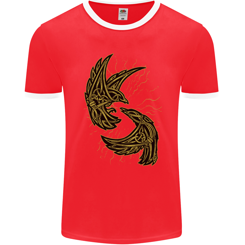 The Viking Raven Symbol Odin Ragnar Tribal Mens Ringer T-Shirt FotL Red/White