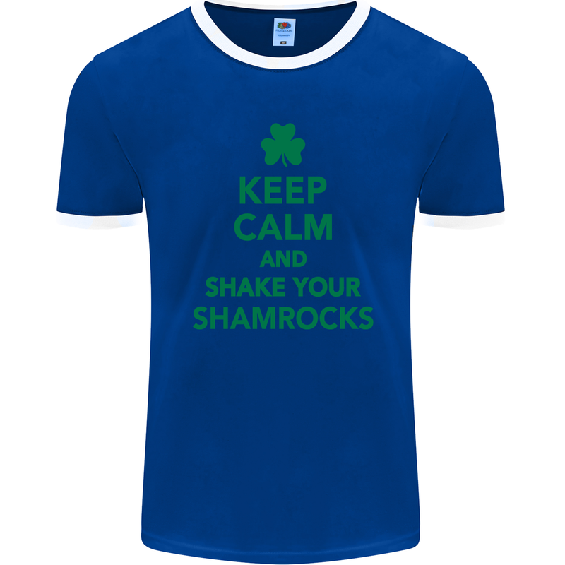 Keep Calm & Shamrocks St. Patrick's Day Mens Ringer T-Shirt FotL Royal Blue/White