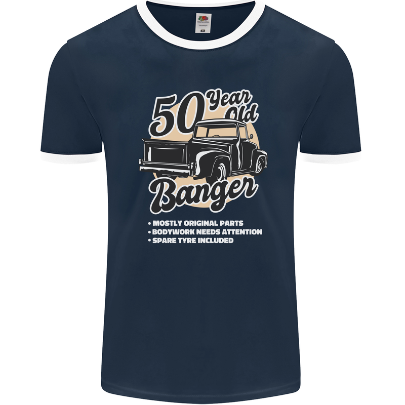 50 Year Old Banger Birthday 50th Year Old Mens Ringer T-Shirt FotL Navy Blue/White