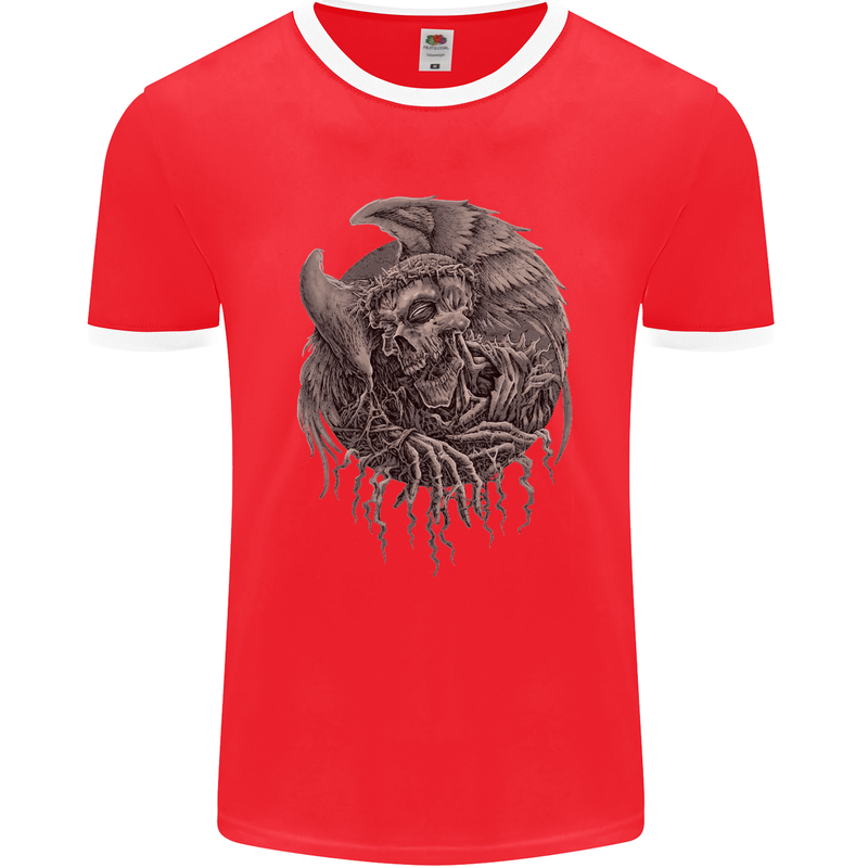 Angel Skull of Death Biker Motorbike Gothic Mens Ringer T-Shirt FotL Red/White