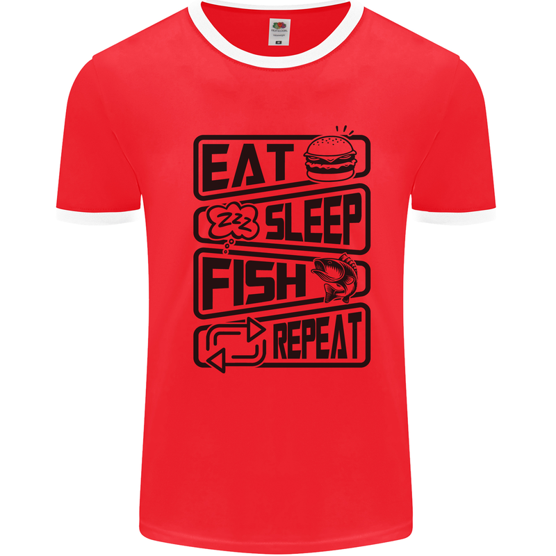 Eat Sleep Fish Repeat Funny Fishing Mens White Ringer T-Shirt Red/White