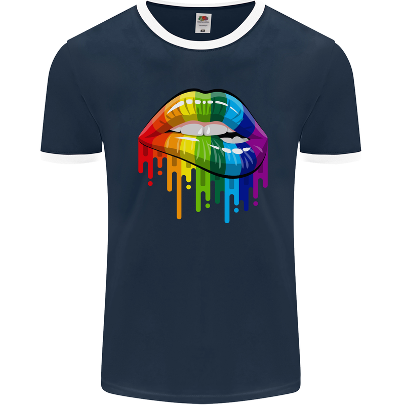 LGBT Bitten Rainbow Lip Gay Pride Day Mens Ringer T-Shirt FotL Navy Blue/White