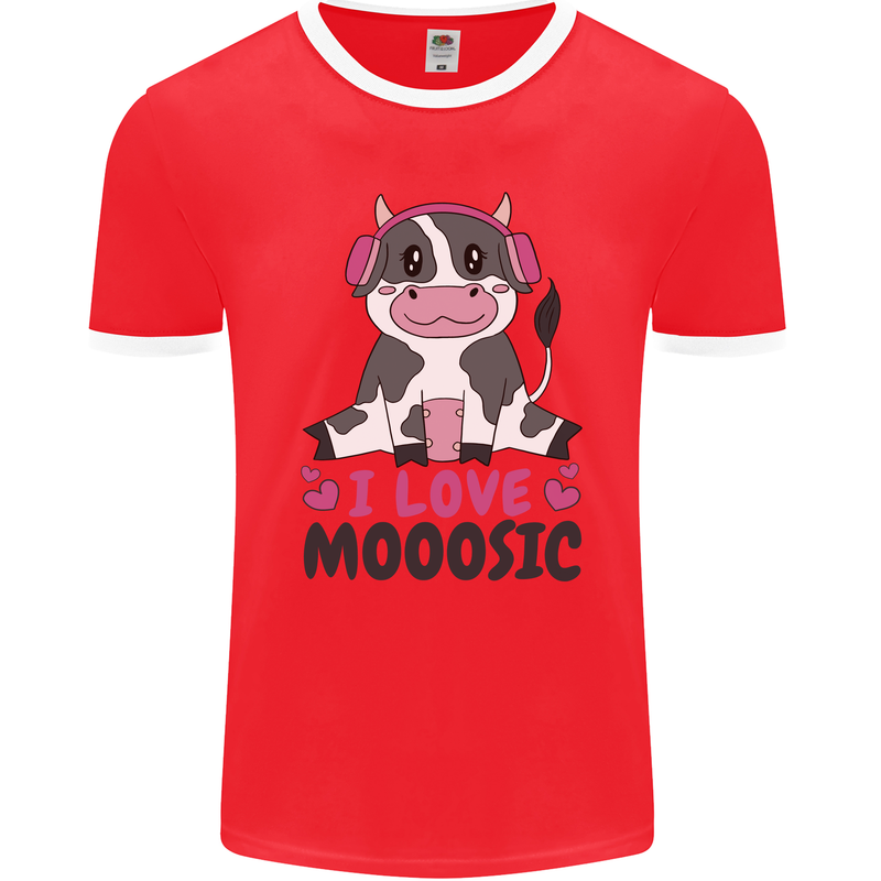 I Love Mooosic Funny Cow DJ Mens Ringer T-Shirt FotL Red/White