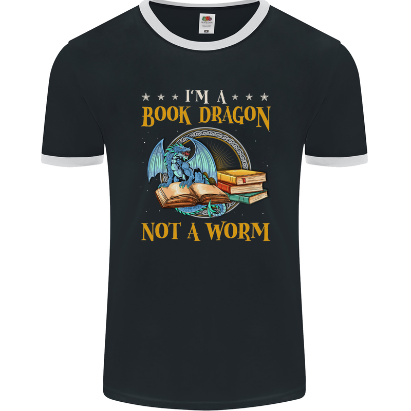 Book Dragon Funny Booklover Reader Worm Mens Ringer T-Shirt FotL Black/White