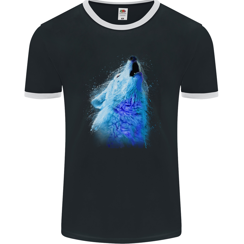 Wolf Watercolour Mens Ringer T-Shirt FotL Black/White