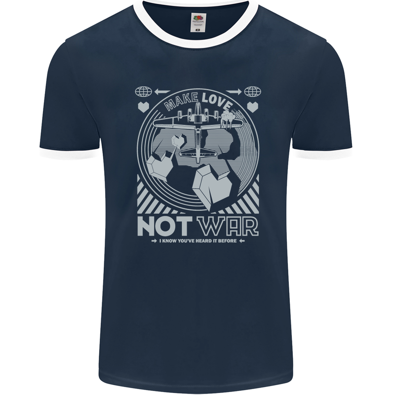 Make Love Not War World Peace Anti Mens Ringer T-Shirt FotL Navy Blue/White