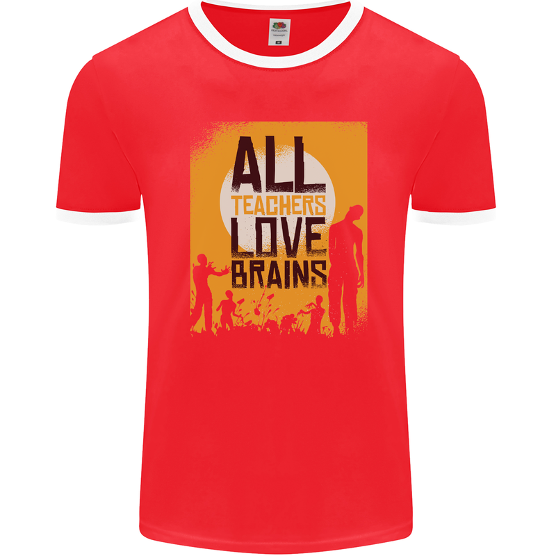 Zombie Teacher Love Brains Halloween Funny Mens Ringer T-Shirt FotL Red/White