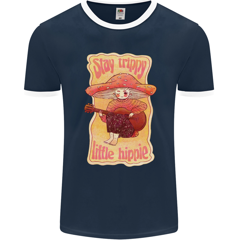 Stay Trippy Little Hippy Magic Mushroom LSD Mens Ringer T-Shirt FotL Navy Blue/White