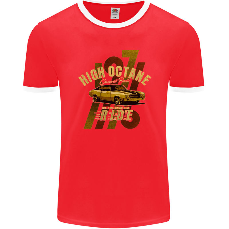 High Octane Ride 1971 Muscle Car Mens Ringer T-Shirt FotL Red/White