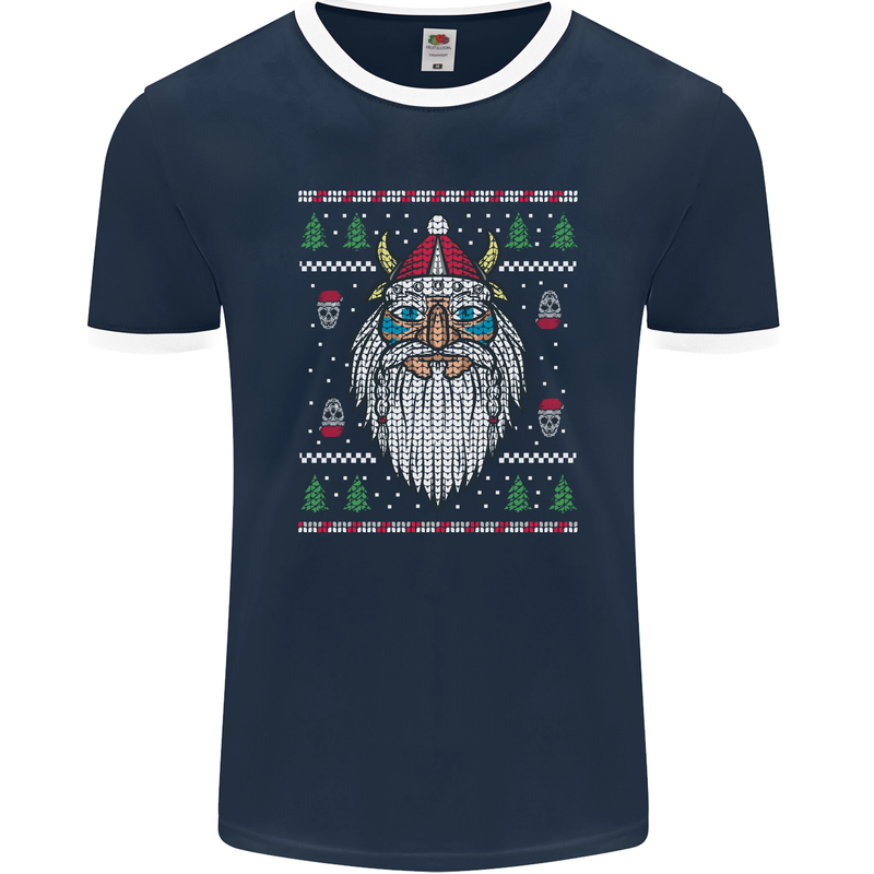 Christmas Viking Funny Thor Odin Valhalla Mens Ringer T-Shirt FotL Navy Blue/White