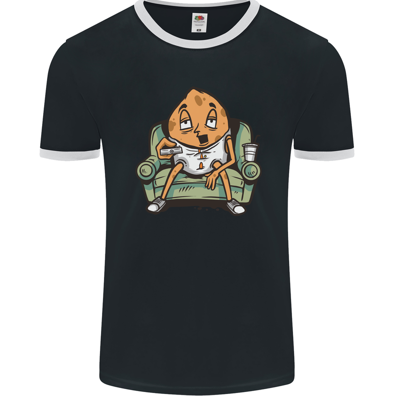 Funny Lazy Couch Potato Watchng TV Mens Ringer T-Shirt FotL Black/White