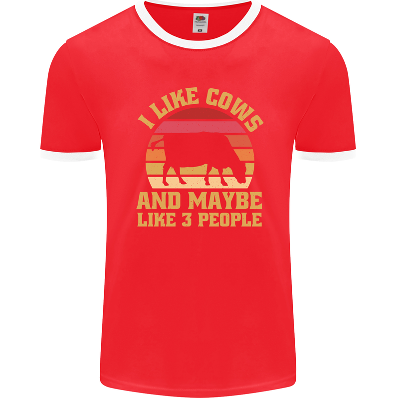 I Like Cows & 3 People Funny Sarcastic Slogan Mens Ringer T-Shirt FotL Red/White