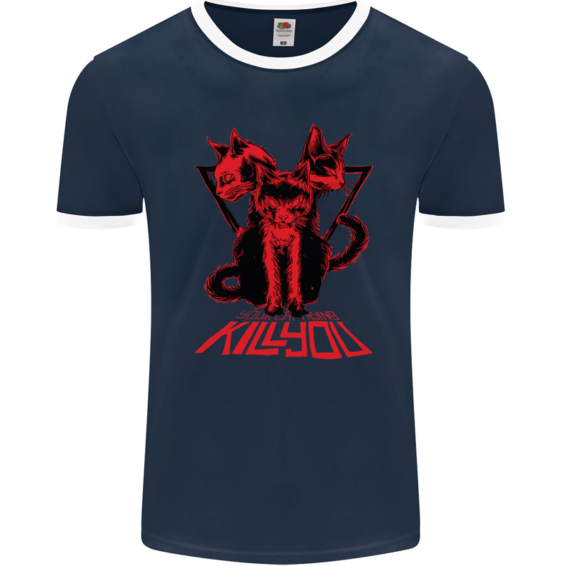 Demonic Cats Halloween Horror Witch Demons Mens Ringer T-Shirt FotL Navy Blue/White