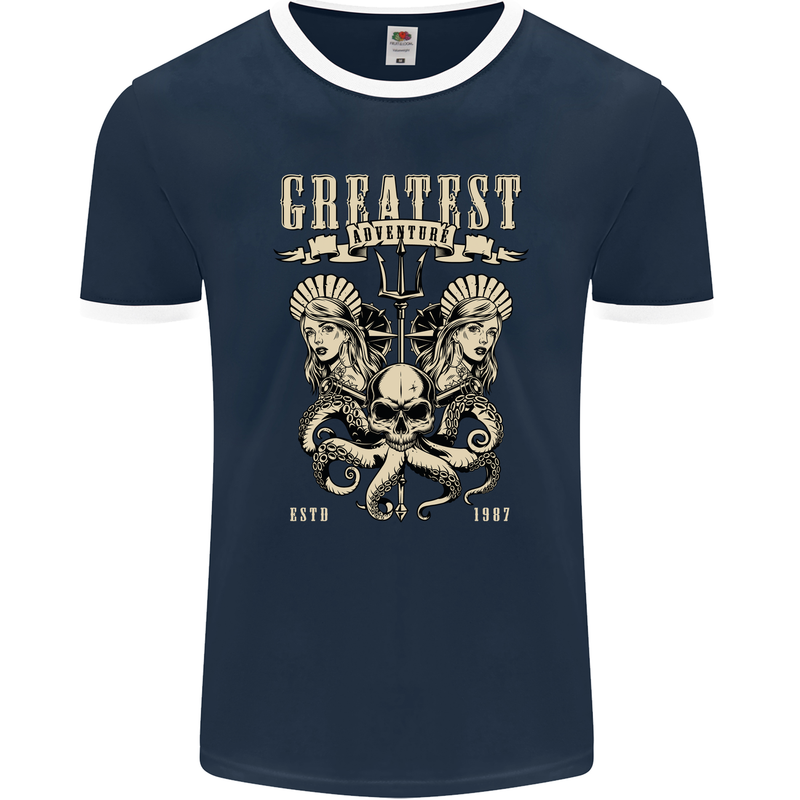 Trident Skull Scuba Diving Octopus Cthulhu Mens Ringer T-Shirt FotL Navy Blue/White