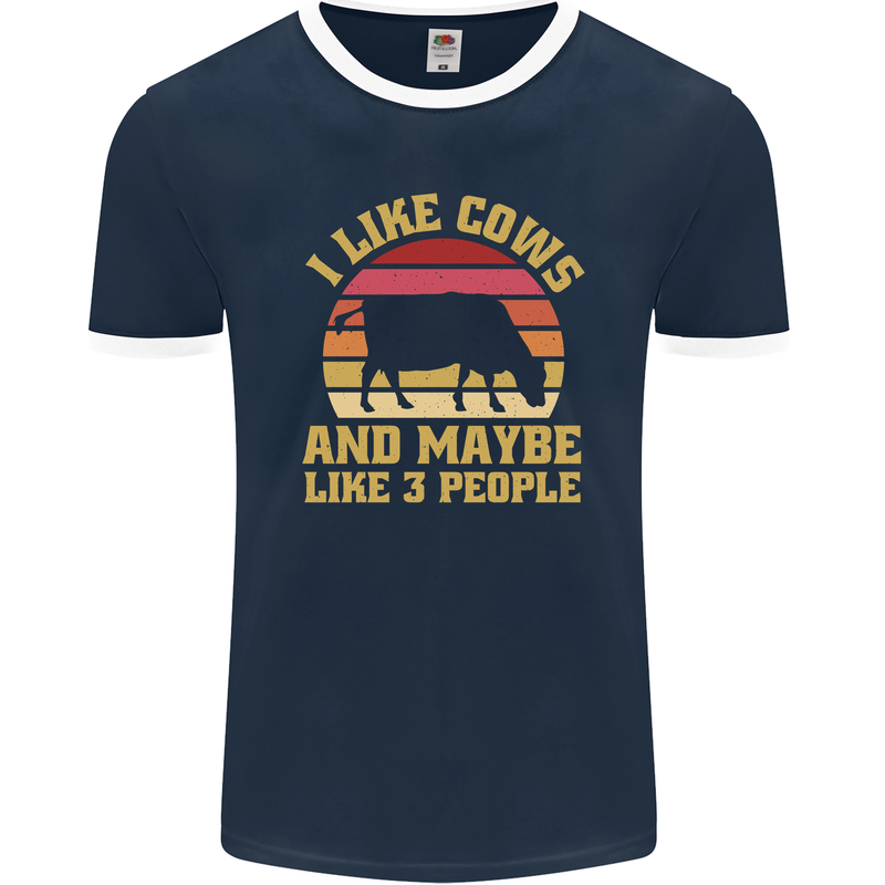 I Like Cows & 3 People Funny Sarcastic Slogan Mens Ringer T-Shirt FotL Navy Blue/White