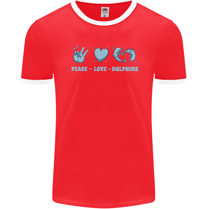 Peace Love Dolphins Sea life Mens Ringer T-Shirt FotL Red/White