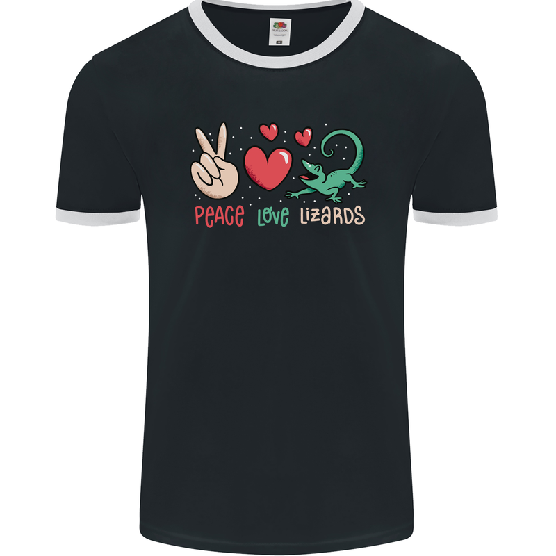 Peace Love Lizards Funny Gekko Iguana Mens Ringer T-Shirt FotL Black/White