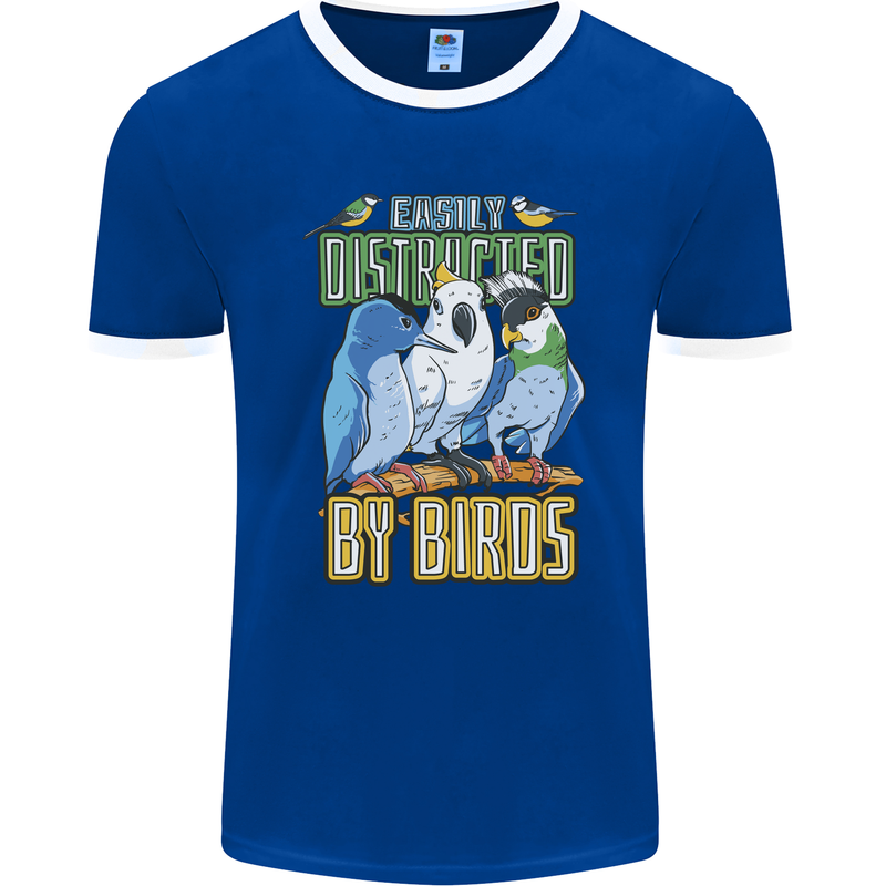 Easily Distracted by Bird Watching Mens Ringer T-Shirt FotL Royal Blue/White