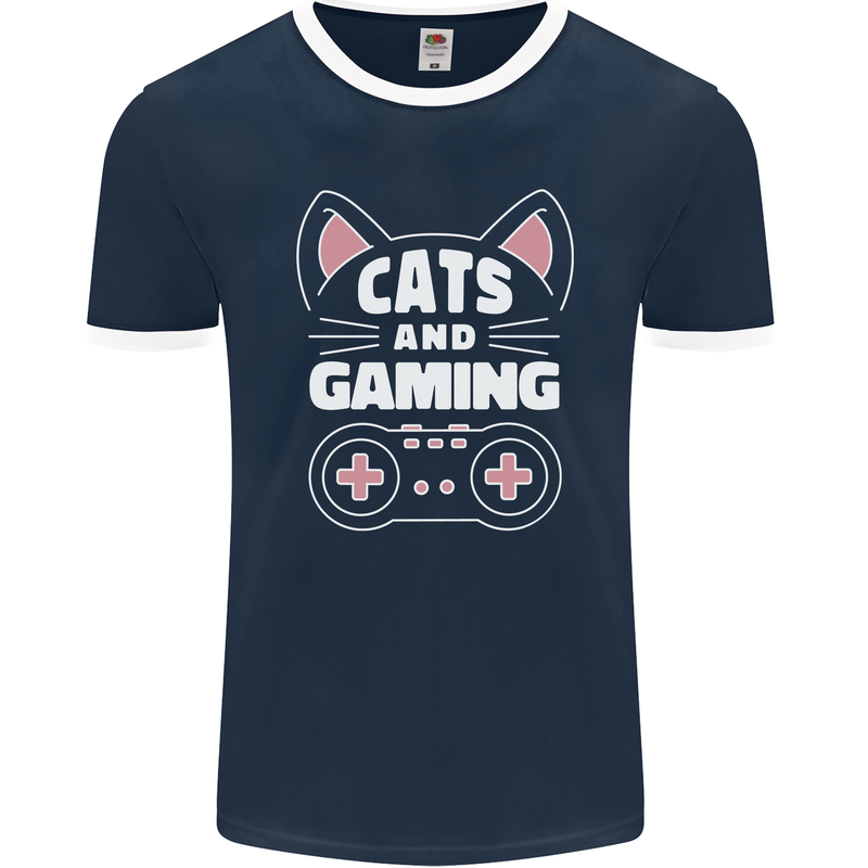 Cats and Gaming Funny Gamer Mens Ringer T-Shirt FotL Navy Blue/White