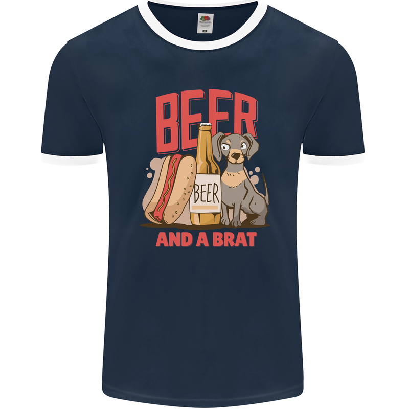 Beer and a Brat Funny Dog Alcohol Hotdog Mens Ringer T-Shirt FotL Navy Blue/White