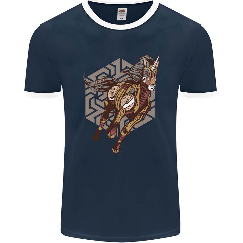 Steampunk Unicorn Mens Ringer T-Shirt FotL Navy Blue/White