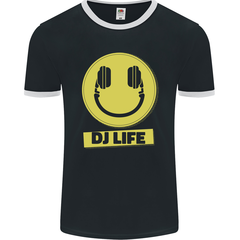 Headphones DJ Life Acid Face Vinyl Decks Mens Ringer T-Shirt FotL Black/White