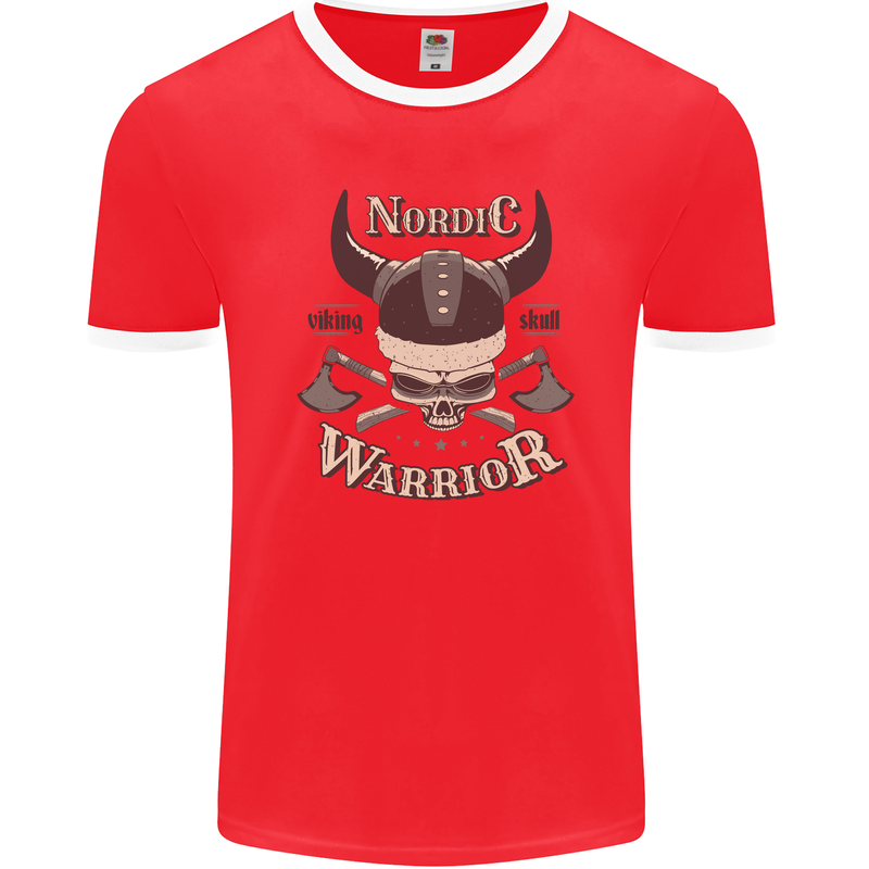Nordic Warrior Viking Skull Mens Ringer T-Shirt FotL Red/White